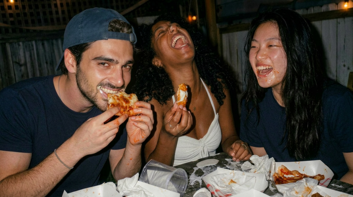 Friends laughing and dipping crispy tenders into Messy Ranch — ranch drips and dirty napkin on a wooden table